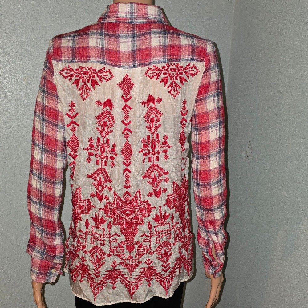 Johnny Was Workshop Embroidered Plaid‎ Button Up Shirt XS Boho Bohemian